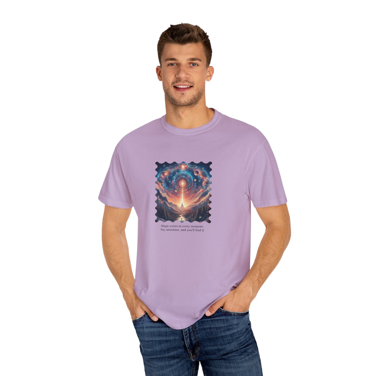 Inspirational Cosmic T-Shirt | Unisex Garment-Dyed Tee | "Magic exists in every moment" Design