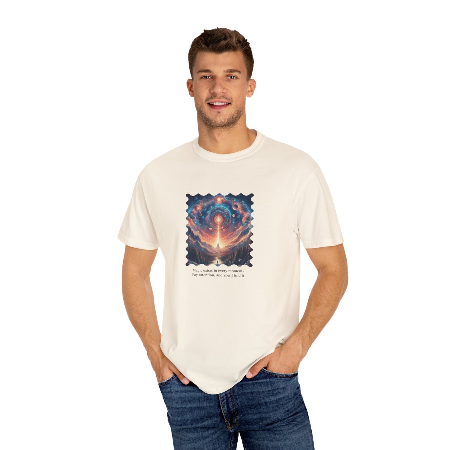 Inspirational Cosmic T-Shirt | Unisex Garment-Dyed Tee | "Magic exists in every moment" Design